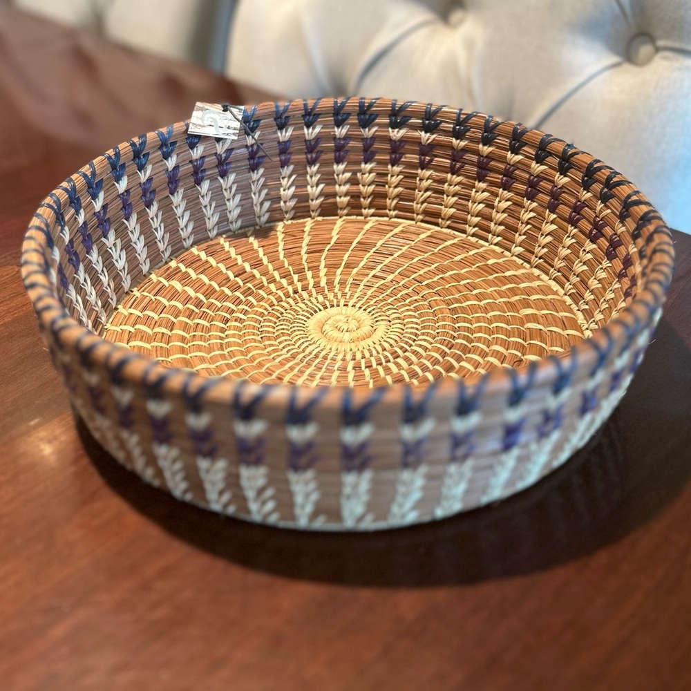 NWT Handcrafted Woven Basket in Natural and Navy Storage Farmhouse Cottage Decor